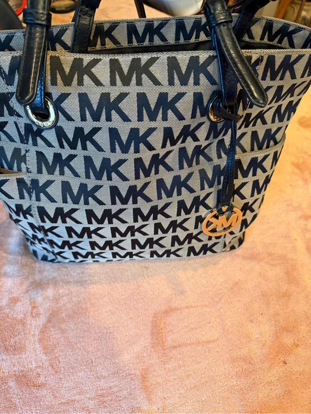 Michael Kors Navy and Cream MK Logo Tote with Gold Charm